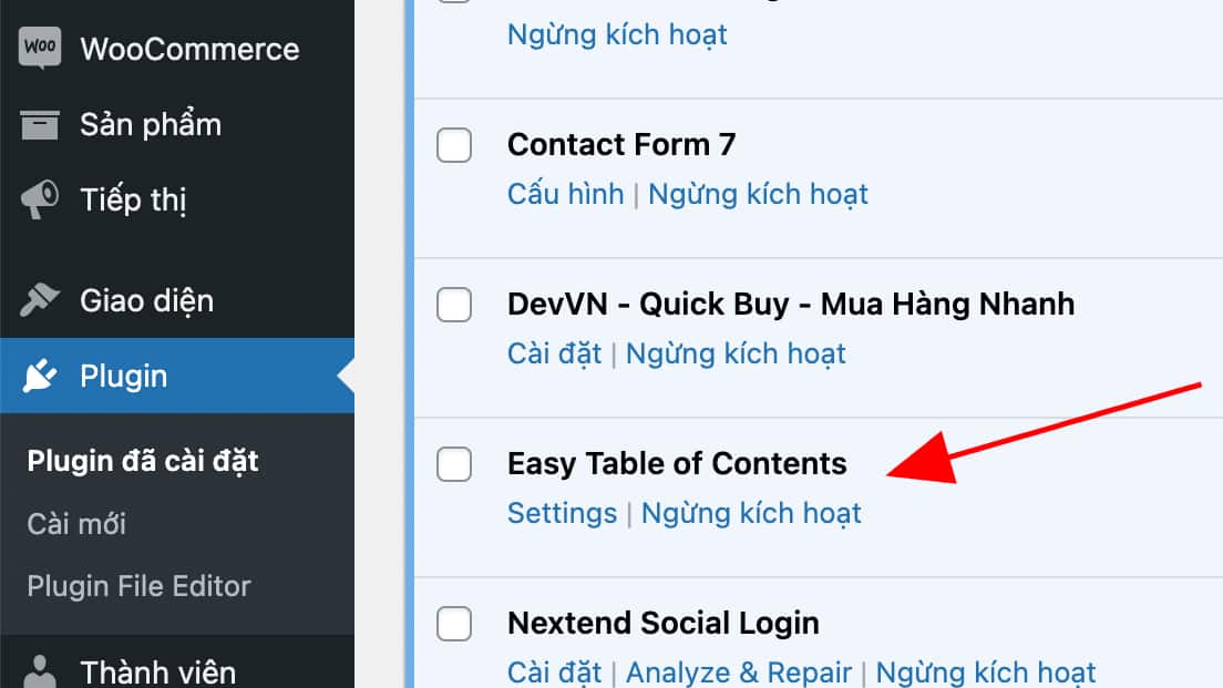 cat dat thanh cong plugin easy table of contents